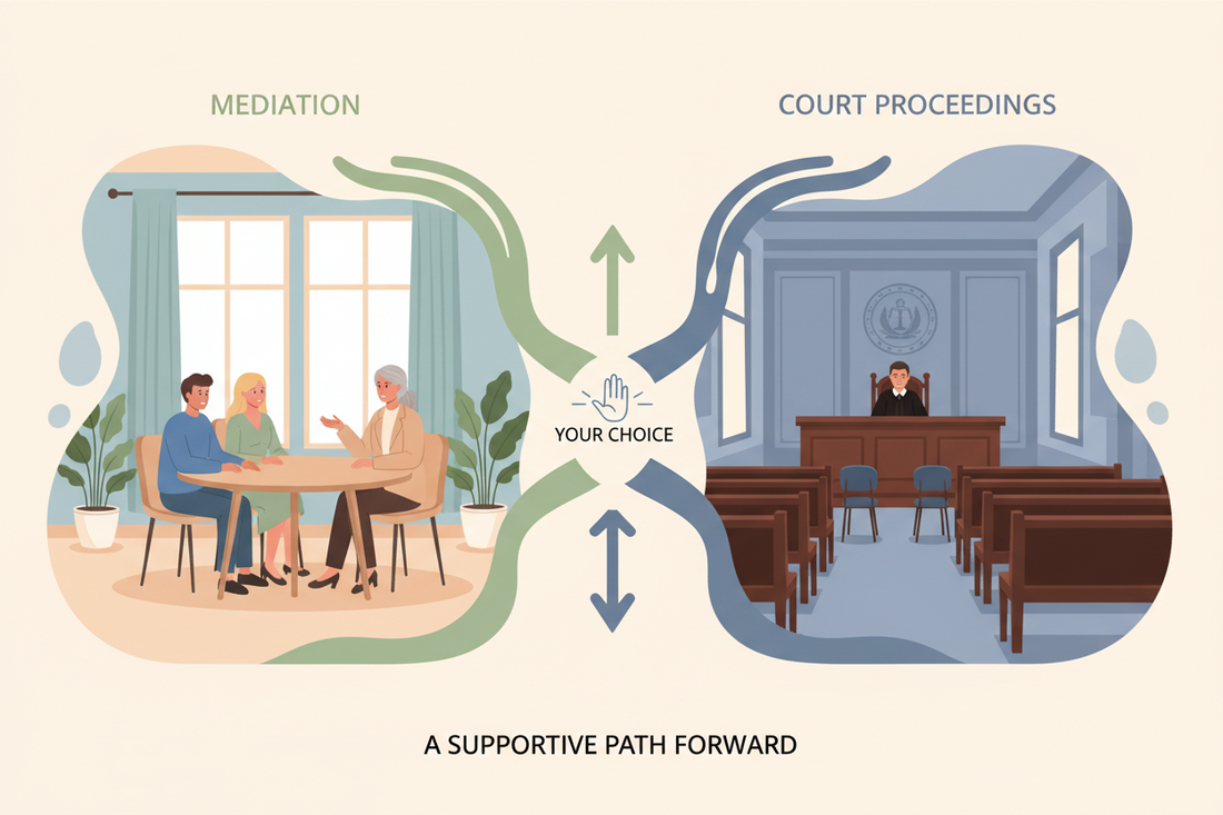 FriendlyDivorce Suisse - Médiation ou tribunal - comment choisir la bonne voie en cas de séparation